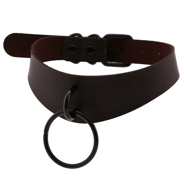 PU Lær Choker med ring Mørkebrun