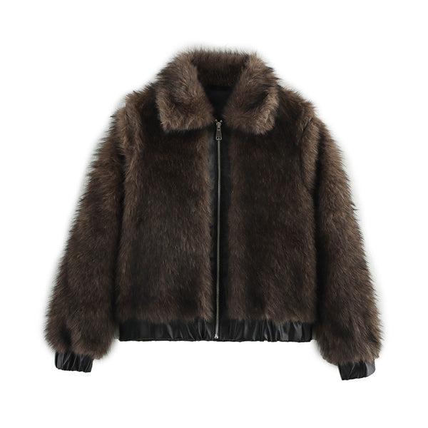 French Plush Leather Stitching Design Versatile Faux Fur Coat YouAreCornyBye