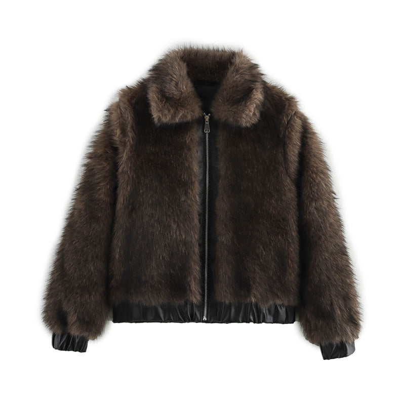French Plush Leather Stitching Design Versatile Faux Fur Coat YouAreCornyBye